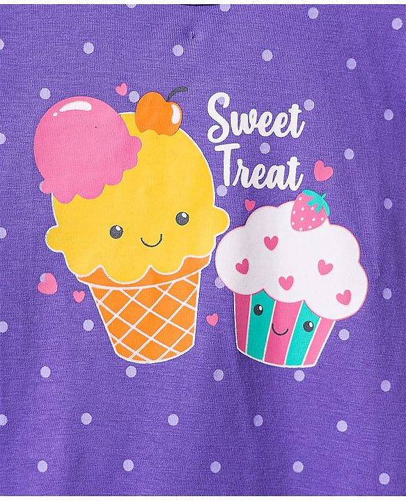 Babyhug Cotton Knit Frill Sleeves Nighty With Ice Cream & Polka Dot Print - Violet