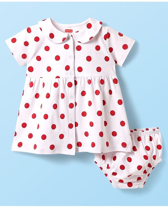 Babyhug Cotton Woven Half Sleeves Polka Dot Printed Front Open Frock With Bloomer - White
