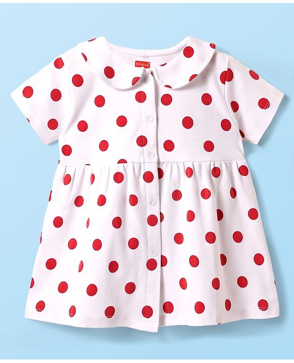 Babyhug Cotton Woven Half Sleeves Polka Dot Printed Front Open Frock With Bloomer - White