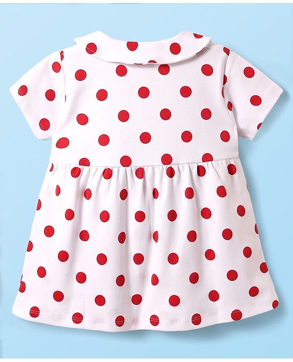 Babyhug Cotton Woven Half Sleeves Polka Dot Printed Front Open Frock With Bloomer - White
