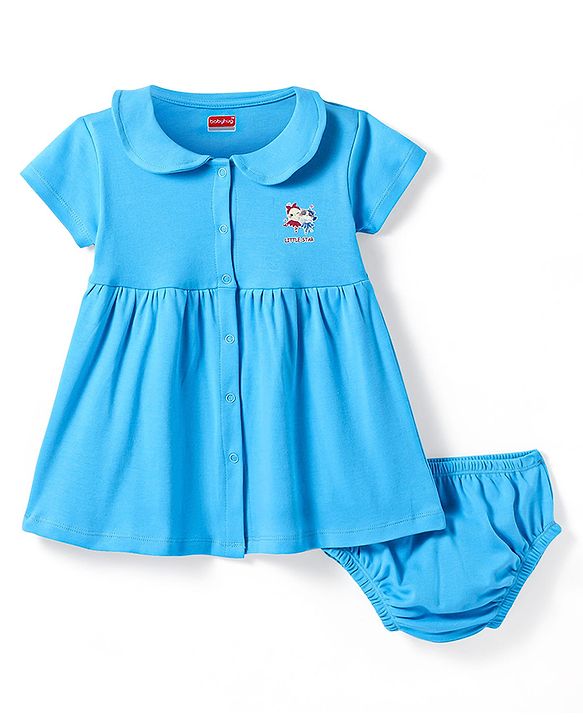 Babyhug Cotton Woven Half Sleeves Peter Pan Collared Solid Color Frock with Bloomer - Light Blue