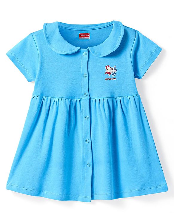 Babyhug Cotton Woven Half Sleeves Peter Pan Collared Solid Color Frock with Bloomer - Light Blue
