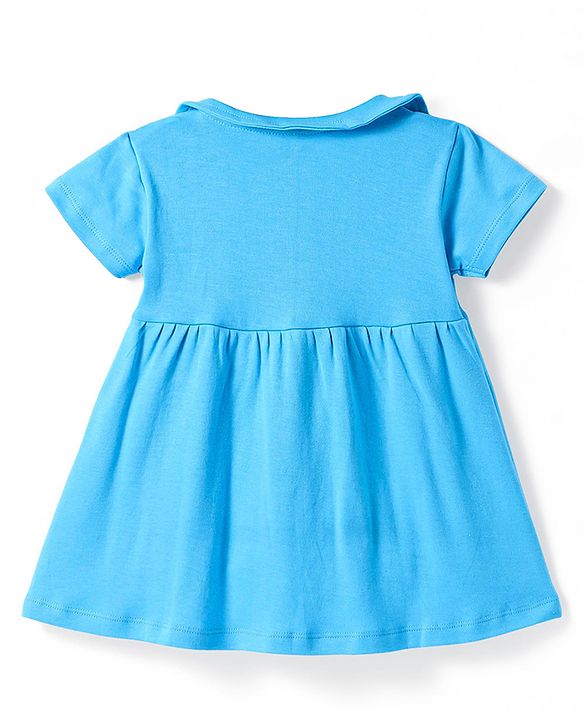 Babyhug Cotton Woven Half Sleeves Peter Pan Collared Solid Color Frock with Bloomer - Light Blue