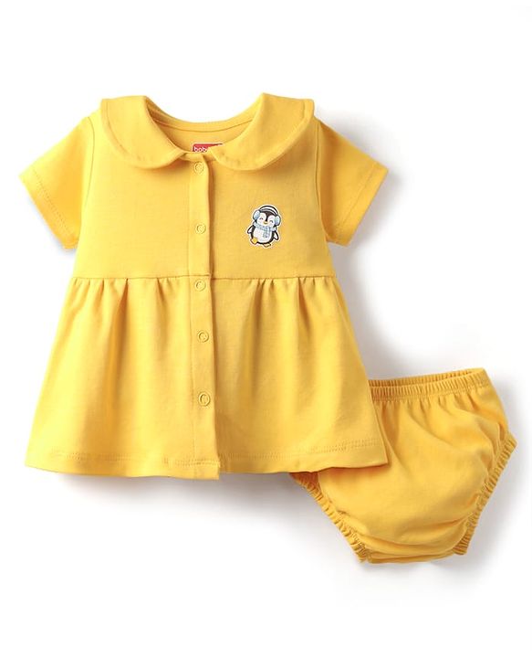 Babyhug Cotton Woven Half Sleeves Solid Colour Frock With Bloomers - Yellow