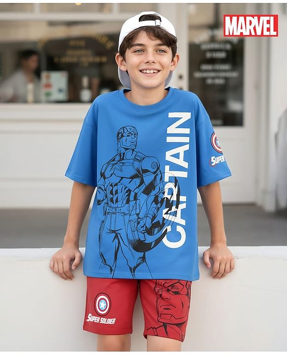 Pine Kids Marvel Single Jersey Knit Half Sleeve Drop Shoulder T-Shirt & Short Set With Captain America Graphic - Blue & Red