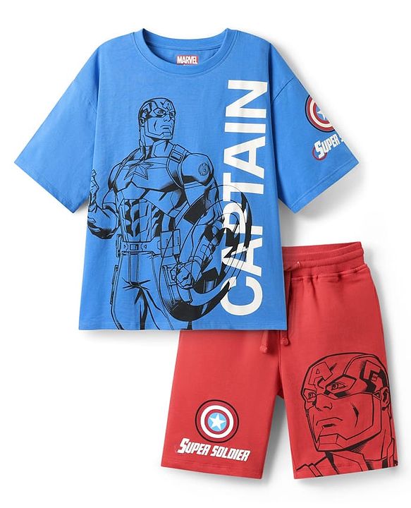 Pine Kids Marvel Single Jersey Knit Half Sleeve Drop Shoulder T-Shirt & Short Set With Captain America Graphic - Blue & Red