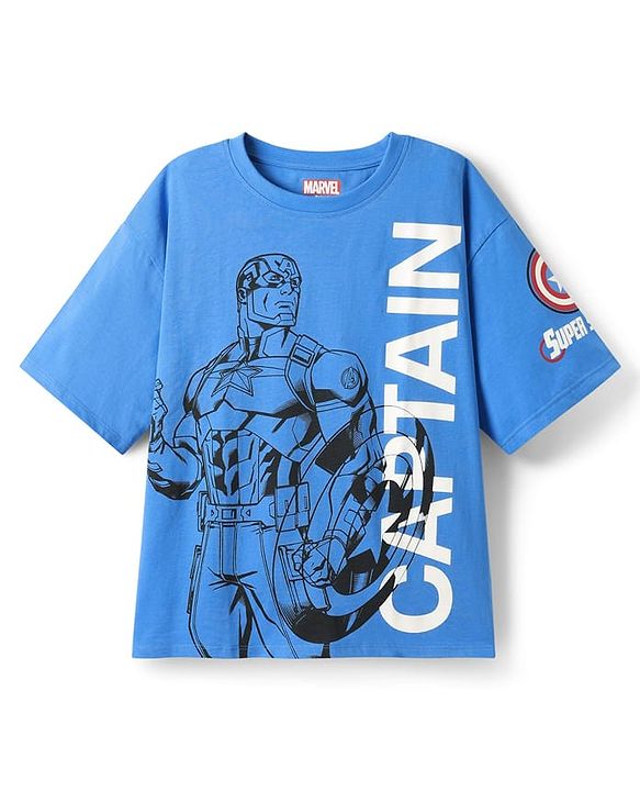 Pine Kids Marvel Single Jersey Knit Half Sleeve Drop Shoulder T-Shirt & Short Set With Captain America Graphic - Blue & Red
