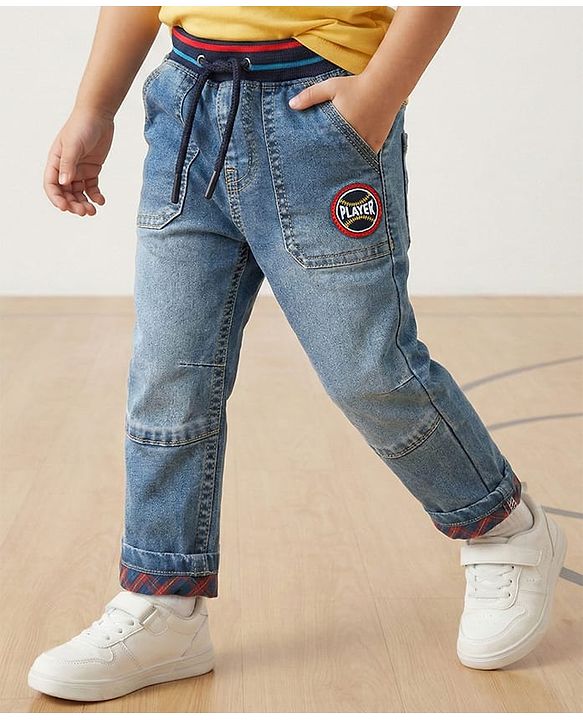Babyhug Denim Full Length Jeans With Stretch & Player Patch - Blue