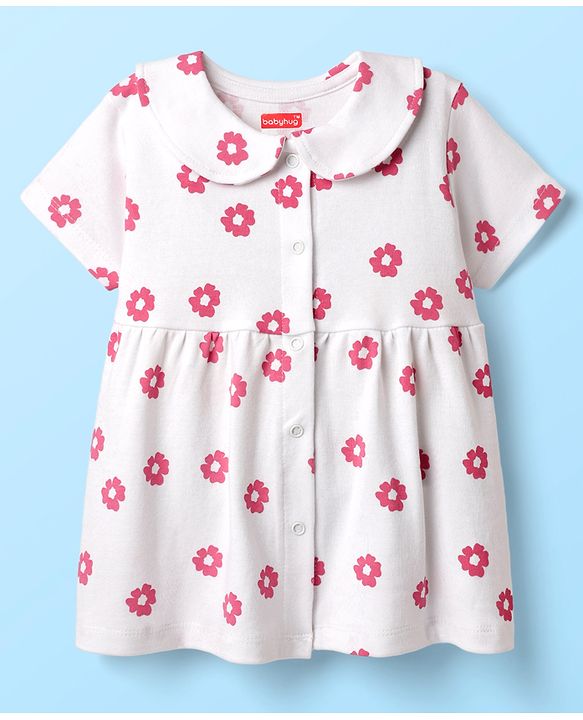 Babyhug Cotton Woven Peter Pan Collar Front Open Half Sleeves Frock & Bloomer With Floral Print - White