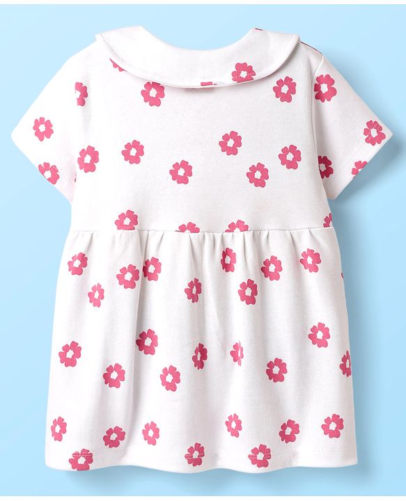 Babyhug Cotton Woven Peter Pan Collar Front Open Half Sleeves Frock & Bloomer With Floral Print - White