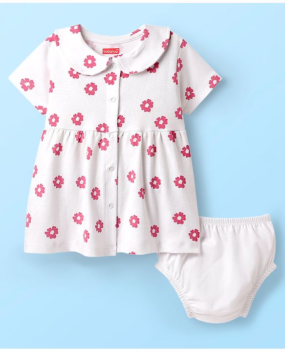 Babyhug Cotton Woven Peter Pan Collar Front Open Half Sleeves Frock & Bloomer With Floral Print - White