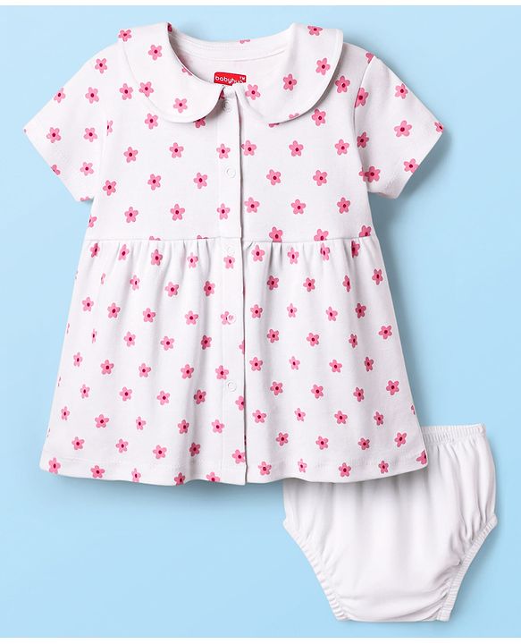 Babyhug 100% Cotton Woven Peter Pan Collar Front Open Half Sleeves Frock & Bloomer With Floral Print - White