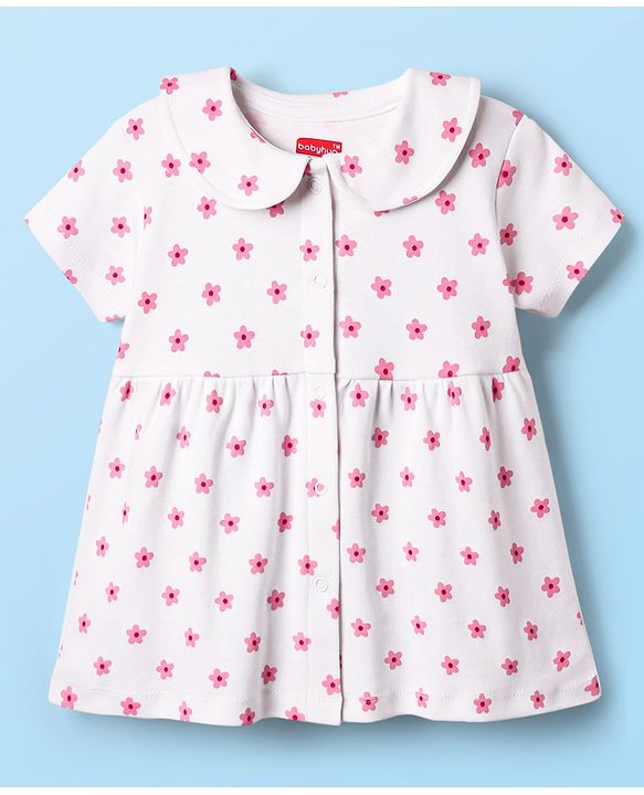 Babyhug 100% Cotton Woven Peter Pan Collar Front Open Half Sleeves Frock & Bloomer With Floral Print - White
