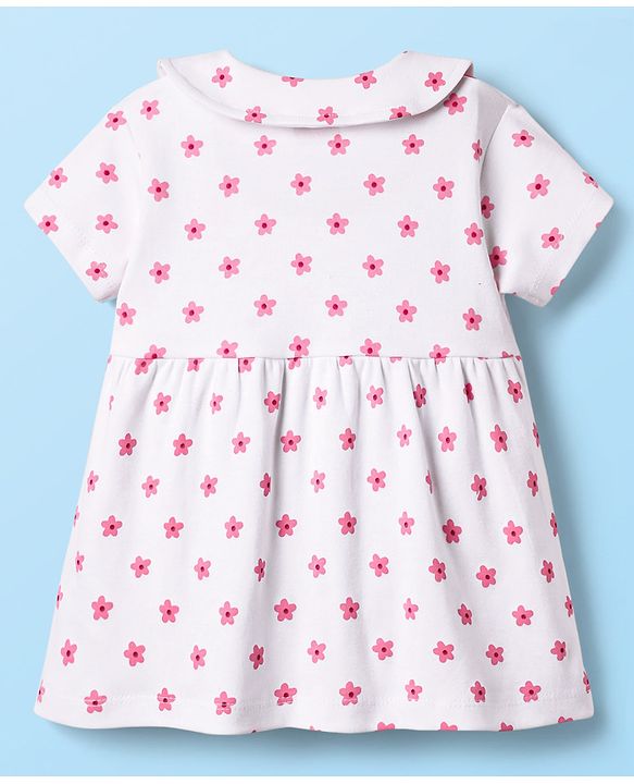 Babyhug 100% Cotton Woven Peter Pan Collar Front Open Half Sleeves Frock & Bloomer With Floral Print - White