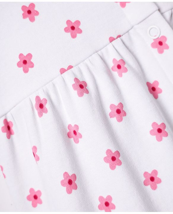 Babyhug 100% Cotton Woven Peter Pan Collar Front Open Half Sleeves Frock & Bloomer With Floral Print - White