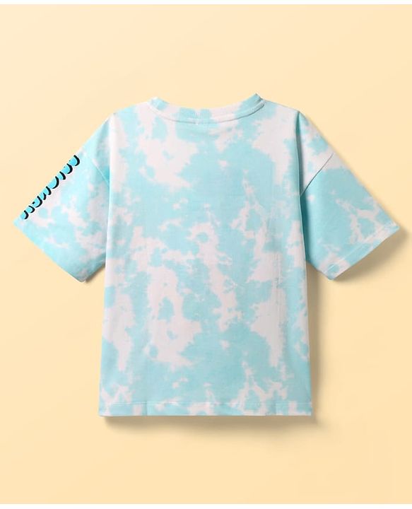 Pine Kids Disney Terry Knit Half Sleeves Oversized Drop Shoulder Tie And Dye T-Shirt With Mickey Mouse Graphics - Light Blue