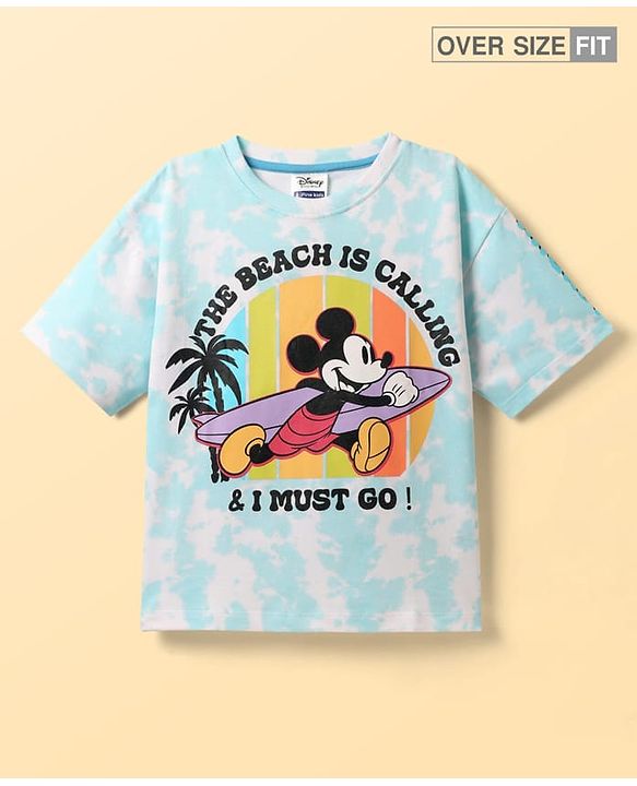 Pine Kids Disney Terry Knit Half Sleeves Oversized Drop Shoulder Tie And Dye T-Shirt With Mickey Mouse Graphics - Light Blue