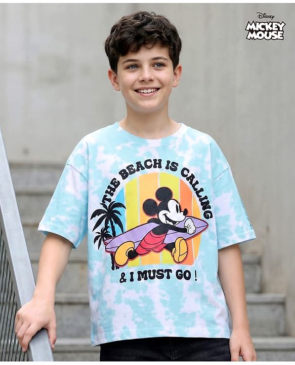 Pine Kids Disney Terry Knit Half Sleeves Oversized Drop Shoulder Tie And Dye T-Shirt With Mickey Mouse Graphics - Light Blue