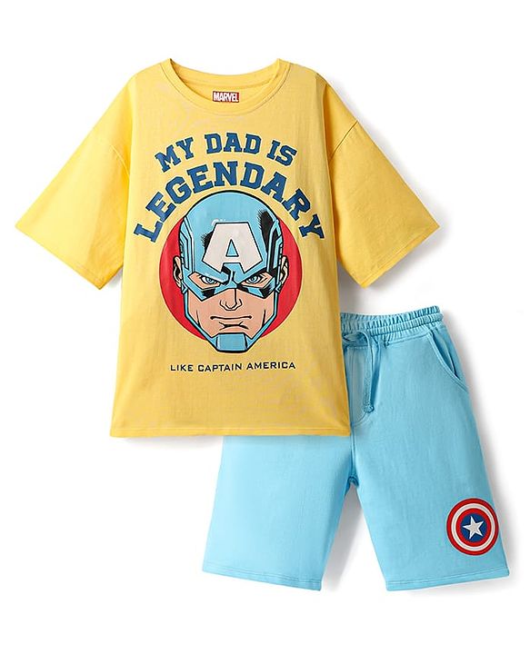 Pine Kids Marvel Single Jersey Knit Half Sleeves Drop Shoulder T-Shirt & Short Set With Captain America Graphics - Yellow & Blue