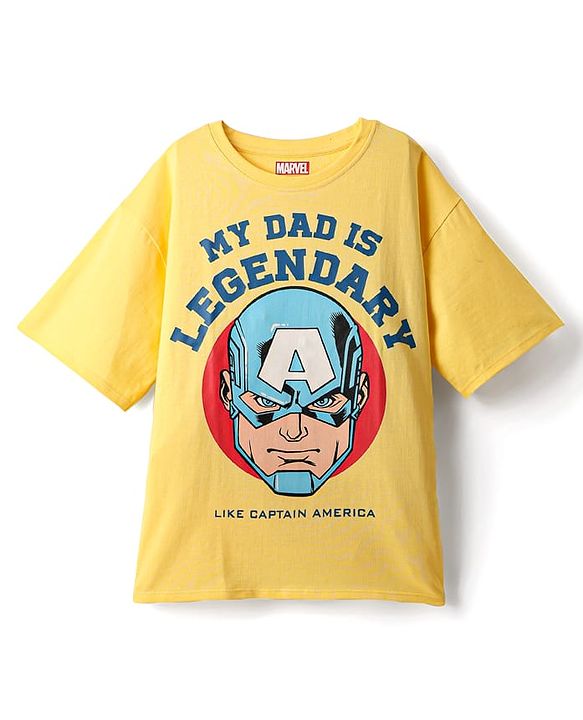 Pine Kids Marvel Single Jersey Knit Half Sleeves Drop Shoulder T-Shirt & Short Set With Captain America Graphics - Yellow & Blue