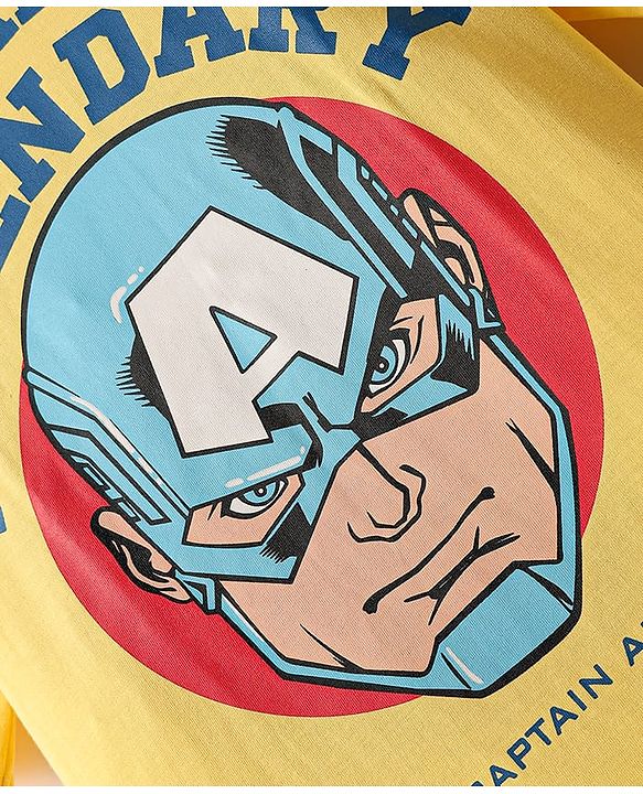 Pine Kids Marvel Single Jersey Knit Half Sleeves Drop Shoulder T-Shirt & Short Set With Captain America Graphics - Yellow & Blue