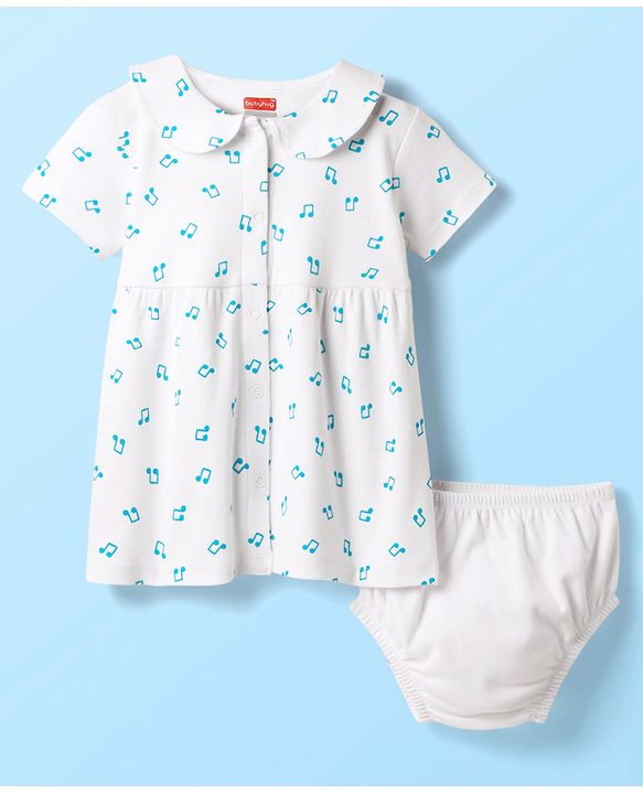 Babyhug Cotton Woven Musical Note Printed Front Open Frock With Bloomers - White