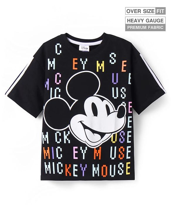 Pine Kids Disney Terry Knit Half Sleeves Oversize And Drop Shoulder T-Shirt With Mickey Mouse Graphics - Black