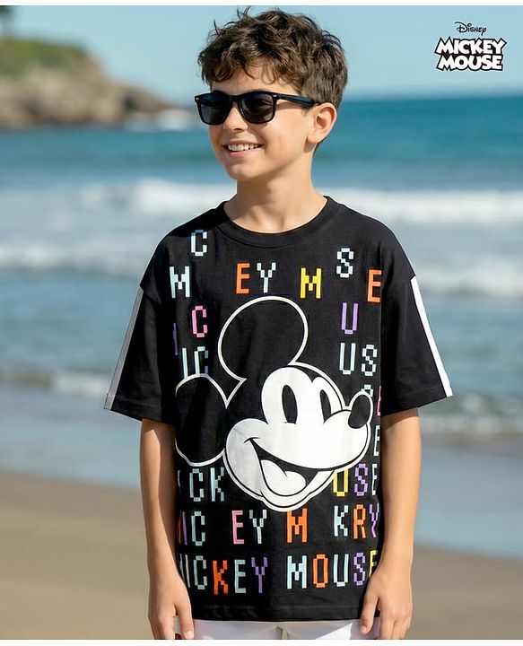 Pine Kids Disney Terry Knit Half Sleeves Oversize And Drop Shoulder T-Shirt With Mickey Mouse Graphics - Black