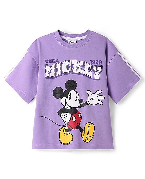 Pine Kids Disney Terry Knit Half Drop Shoulder Sleeves Oversized T-Shirt with Mickey Mouse Graphics - Lavender