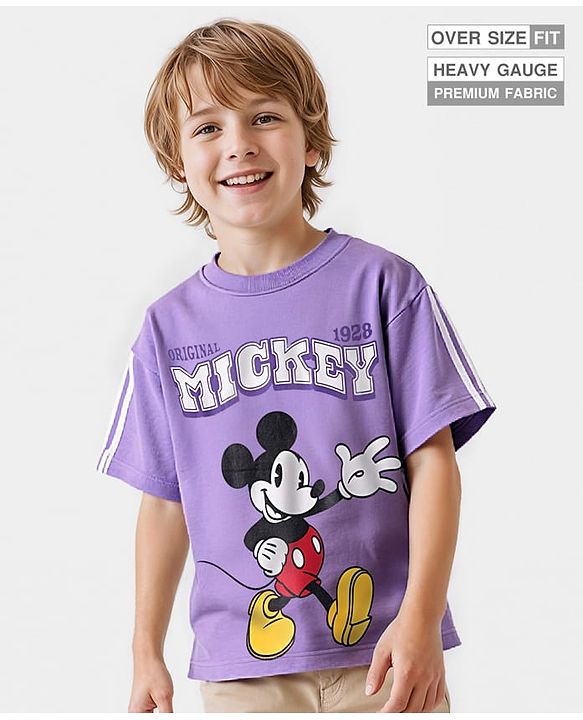 Pine Kids Disney Terry Knit Half Drop Shoulder Sleeves Oversized T-Shirt with Mickey Mouse Graphics - Lavender