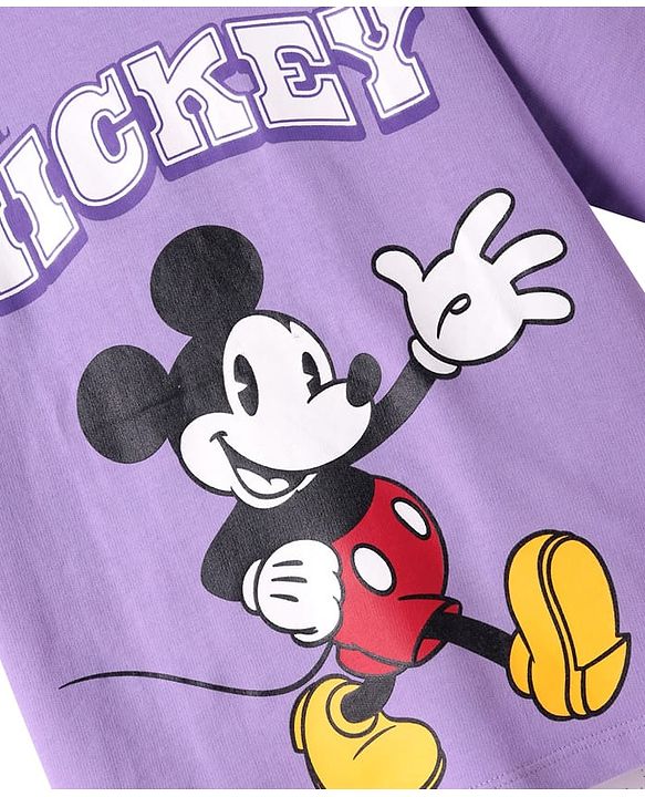 Pine Kids Disney Terry Knit Half Drop Shoulder Sleeves Oversized T-Shirt with Mickey Mouse Graphics - Lavender
