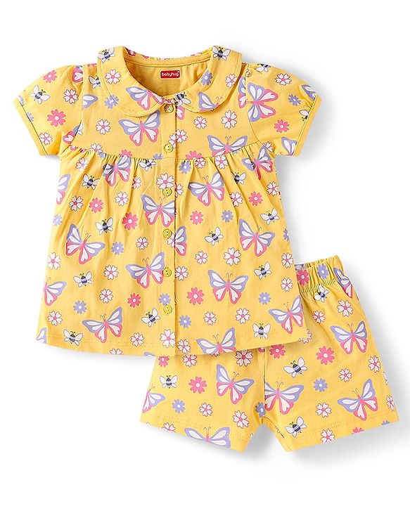 Babyhug Cotton Knit Half Sleeves Shorts Night Suit with Butterfly Print - Yellow