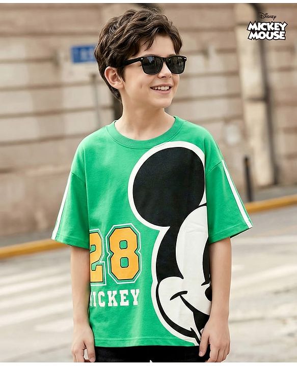 Pine Kids Marvel Terry Knit Half Sleeves Oversize And Drop Shoulder T-Shirt With Mickey Mouse Graphics - Light Green