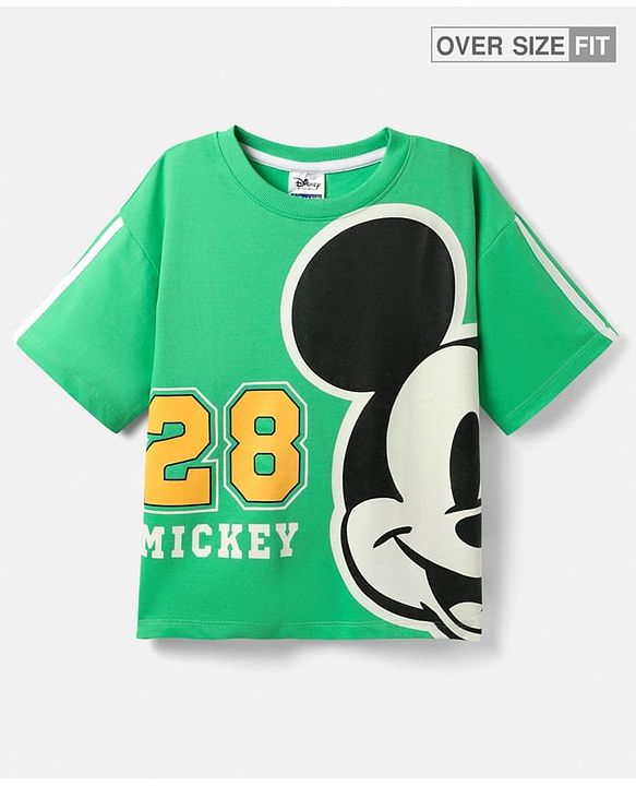 Pine Kids Marvel Terry Knit Half Sleeves Oversize And Drop Shoulder T-Shirt With Mickey Mouse Graphics - Light Green