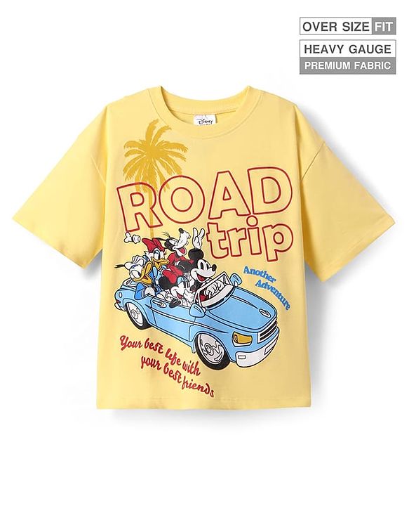 Pine Kids Disney Terry Knit Half Sleeves Oversize And Drop Shoulder T-Shirt With Front And Back Mickey Mouse Graphics - Yellow