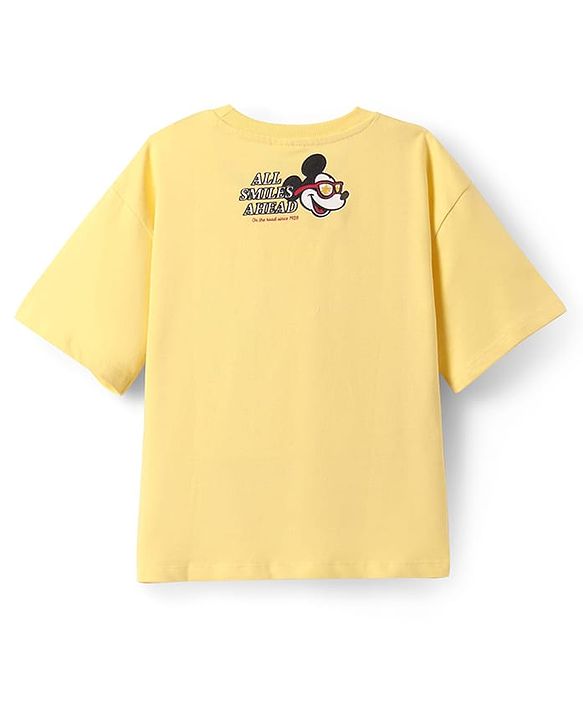 Pine Kids Disney Terry Knit Half Sleeves Oversize And Drop Shoulder T-Shirt With Front And Back Mickey Mouse Graphics - Yellow