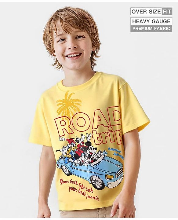 Pine Kids Disney Terry Knit Half Sleeves Oversize And Drop Shoulder T-Shirt With Front And Back Mickey Mouse Graphics - Yellow