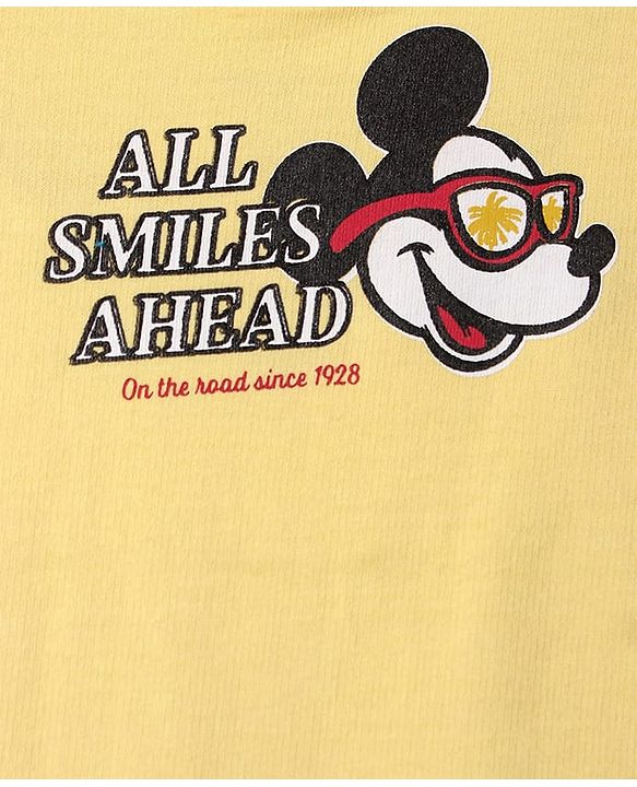 Pine Kids Disney Terry Knit Half Sleeves Oversize And Drop Shoulder T-Shirt With Front And Back Mickey Mouse Graphics - Yellow