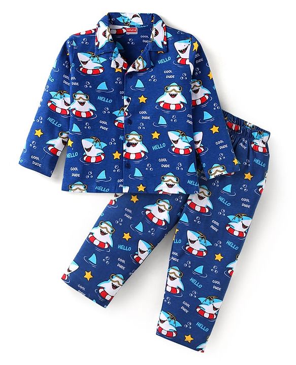 Babyhug Cotton Knit Full Sleeves Night Suit With Shark Print - Navy Blue