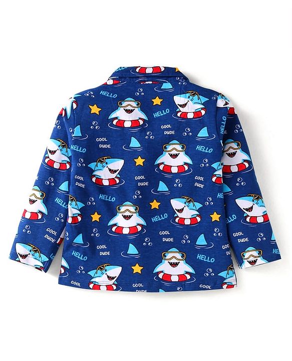Babyhug Cotton Knit Full Sleeves Night Suit With Shark Print - Navy Blue