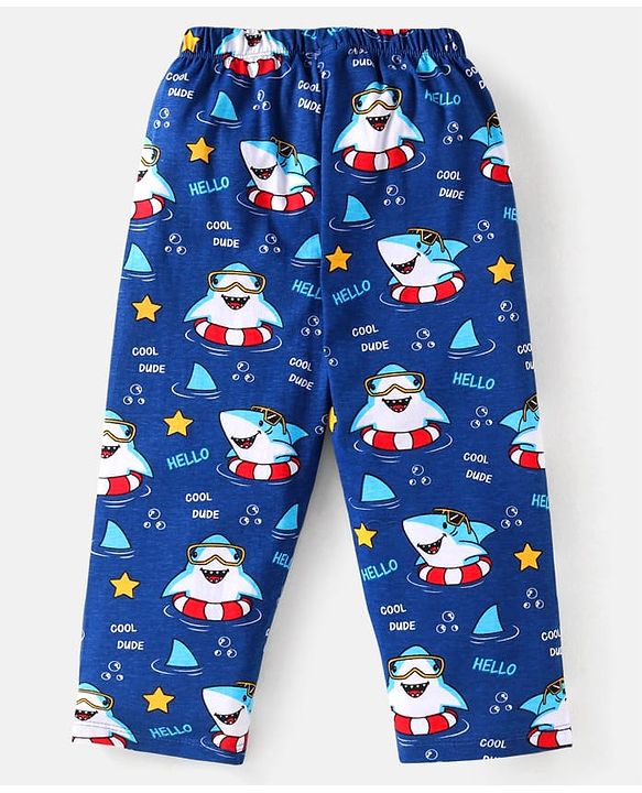 Babyhug Cotton Knit Full Sleeves Night Suit With Shark Print - Navy Blue