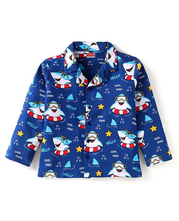 Babyhug Cotton Knit Full Sleeves Night Suit With Shark Print - Navy Blue