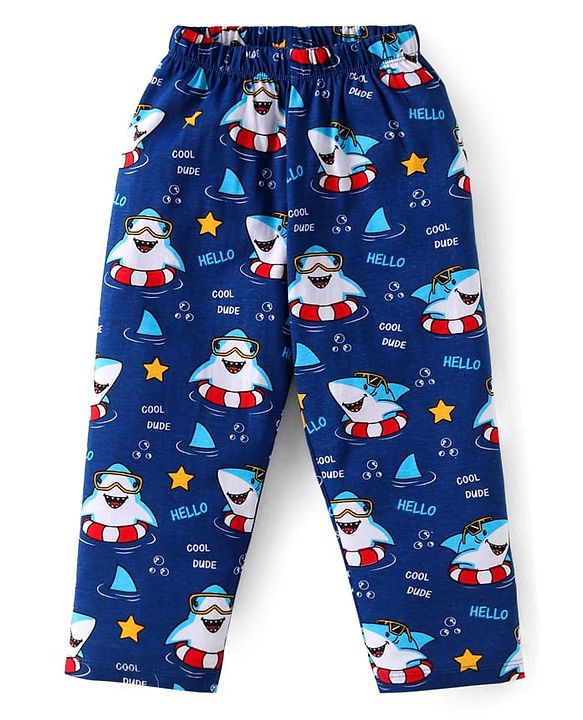 Babyhug Cotton Knit Full Sleeves Night Suit With Shark Print - Navy Blue