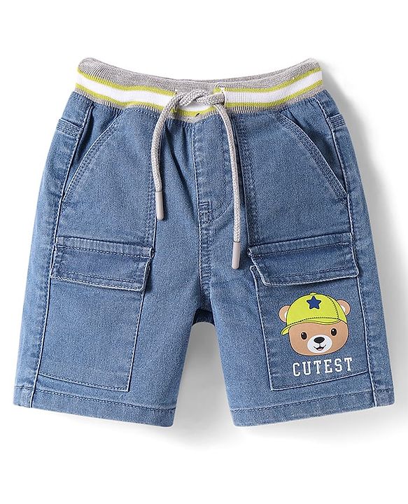 Babyhug Denim Above Knee Length Washed Bermuda With Stretch & Teddy Print - Blue