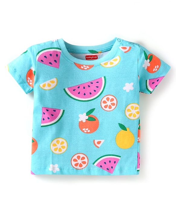 Babyhug Cotton Knit Half Sleeves Night Suit With Fruit Print - Light Blue