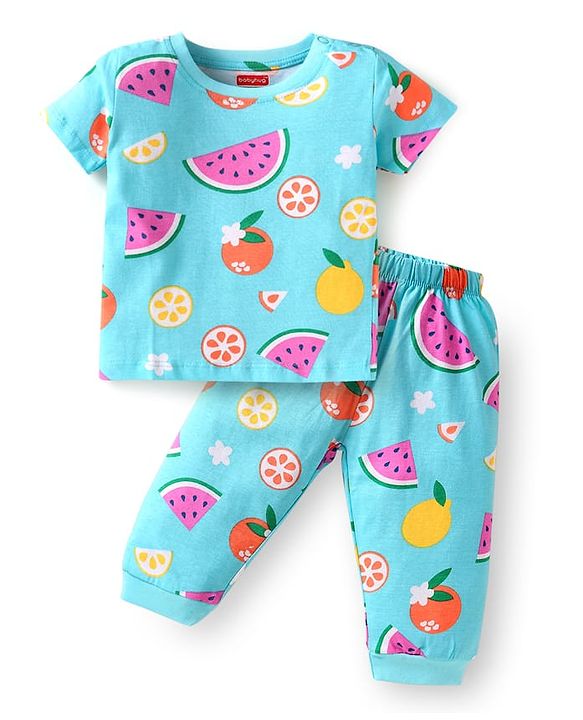 Babyhug Cotton Knit Half Sleeves Night Suit With Fruit Print - Light Blue