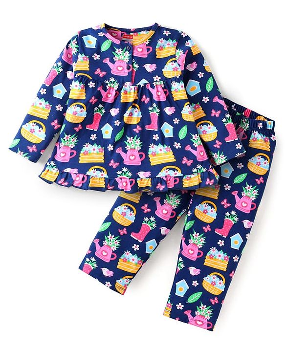 Babyhug Cotton Knit Front Open Full Sleeves Night Suit with Floral Print - Navy Blue