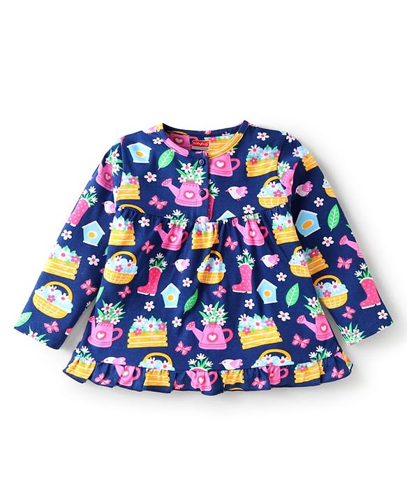 Babyhug Cotton Knit Front Open Full Sleeves Night Suit with Floral Print - Navy Blue