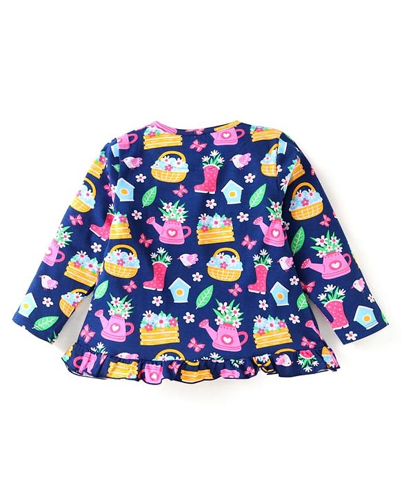 Babyhug Cotton Knit Front Open Full Sleeves Night Suit with Floral Print - Navy Blue