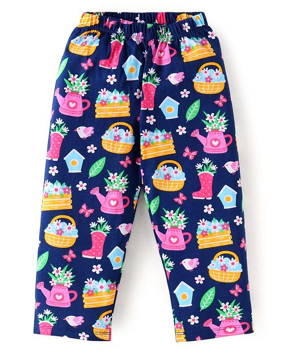 Babyhug Cotton Knit Front Open Full Sleeves Night Suit with Floral Print - Navy Blue